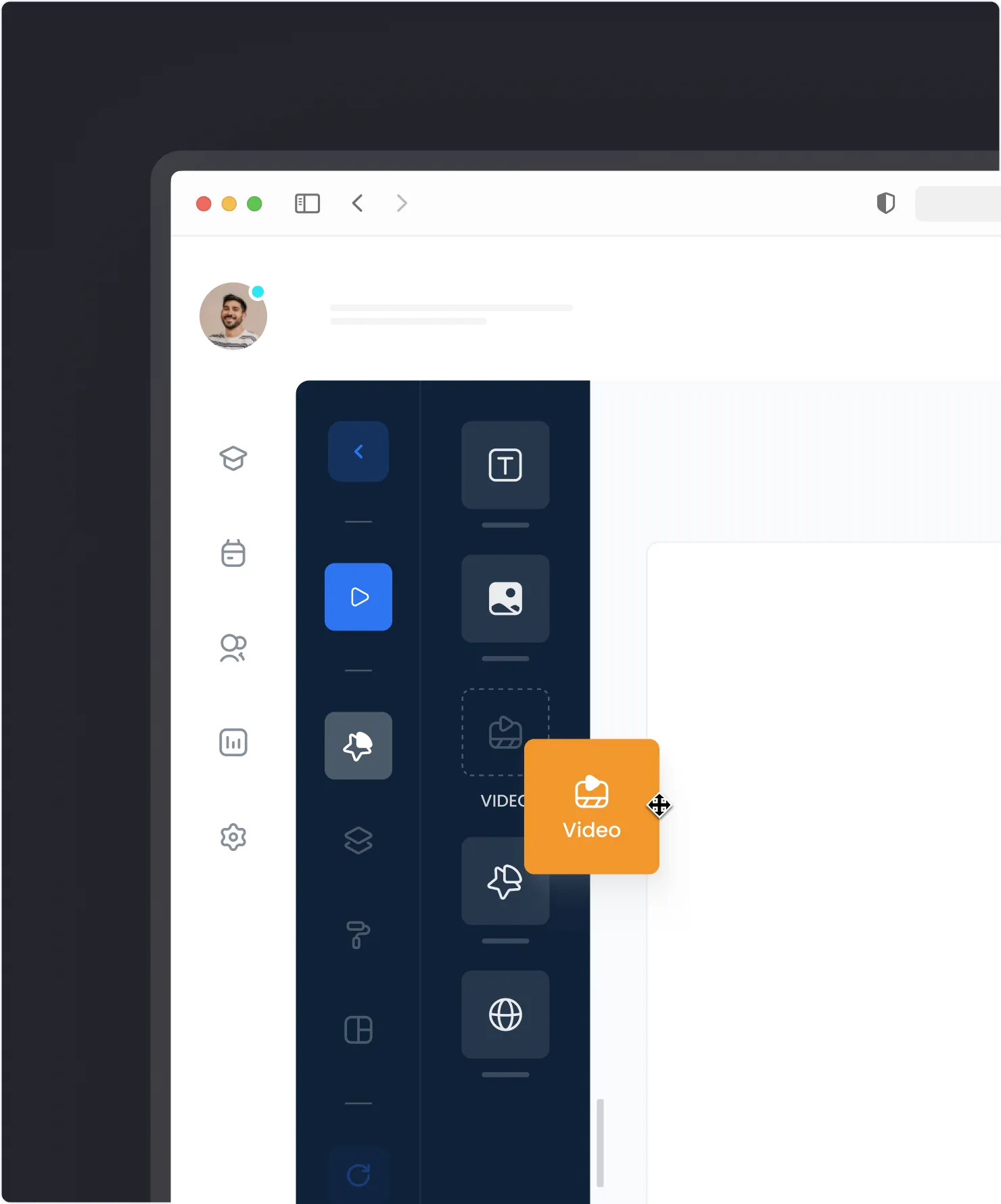 Canvas Editor showing rich content editing with shapes and media