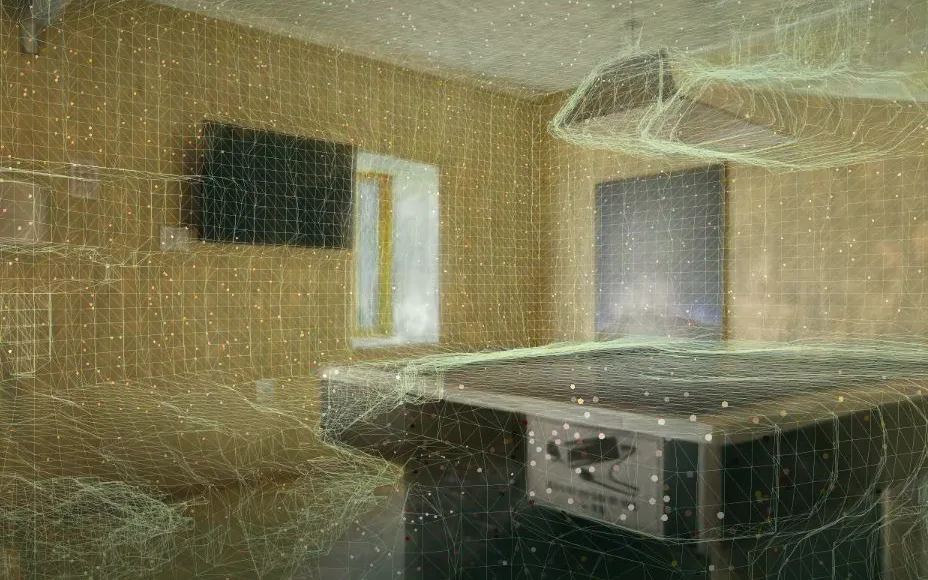 A room in Scenics, shown with the spatial mesh reconstructed from it.