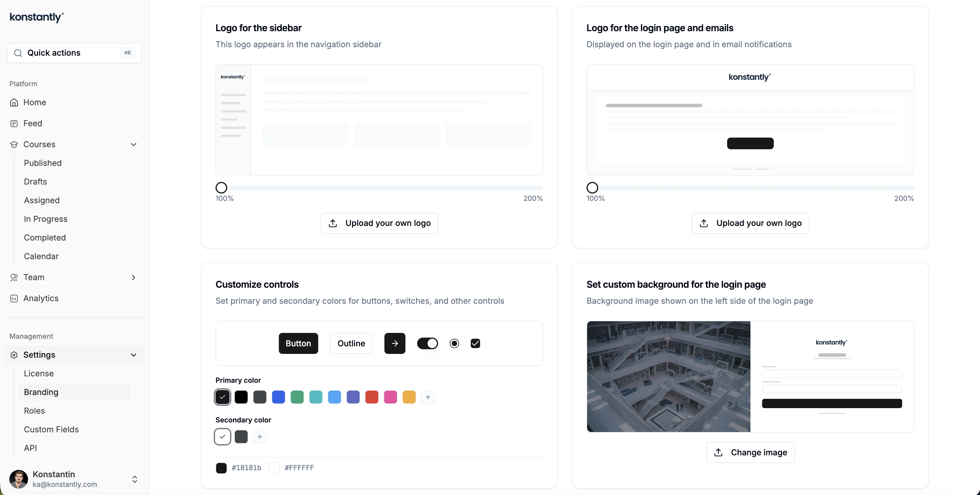 Branding settings page with logo, controls, and background options